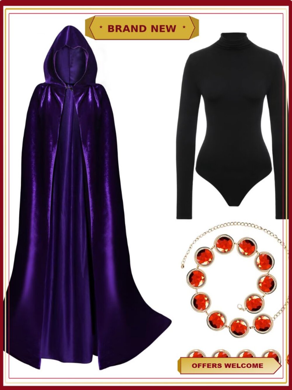 Women's Purple Hooded Cloak and Bodysuit Halloween Costume with Belt